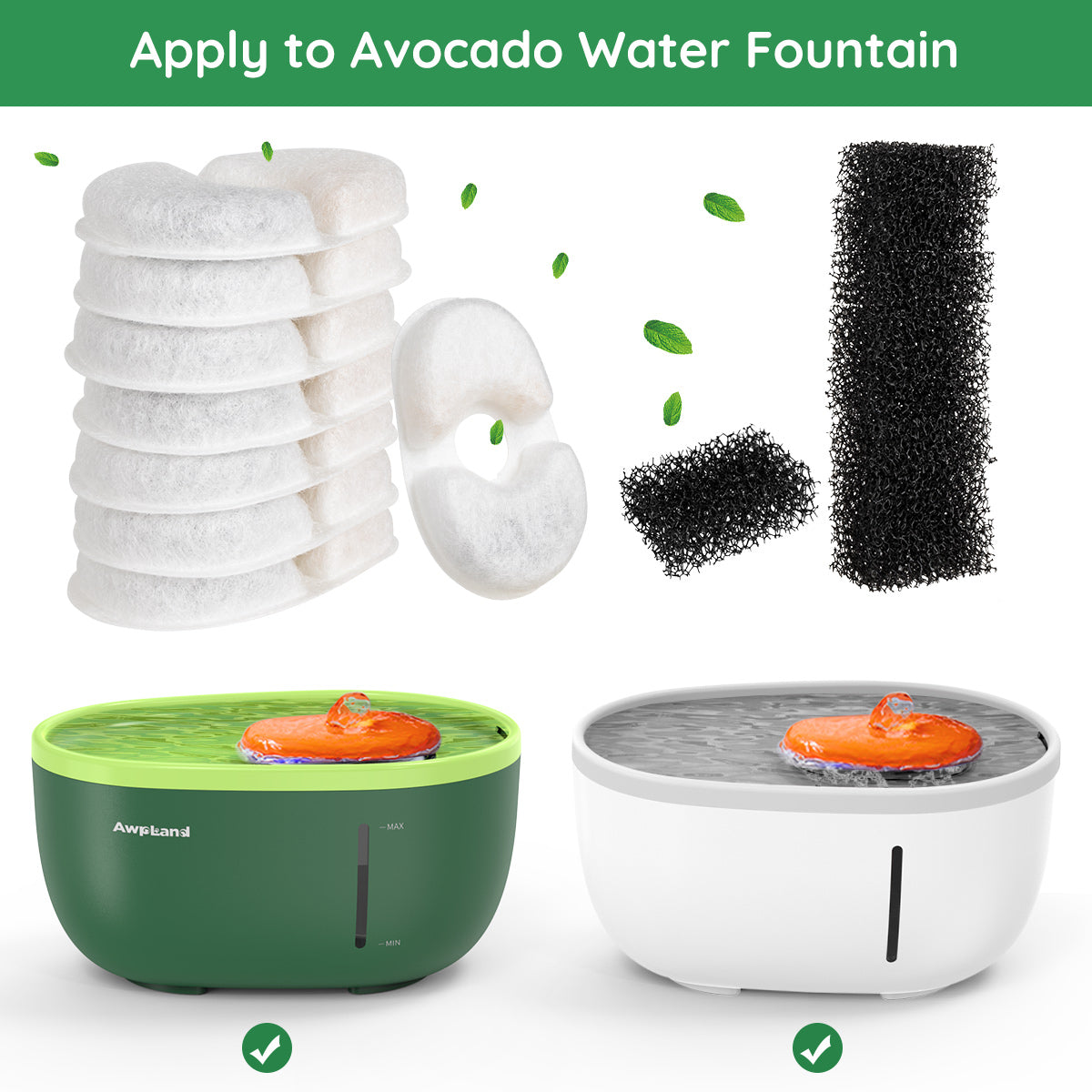 8 Pack Avocado Pet Fountain filter replacement with Quadruple Filteration System for Pet Drinking Health